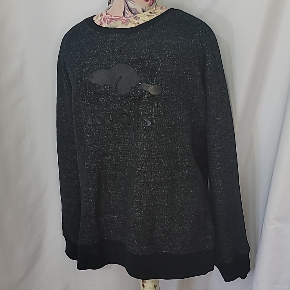 ROOTS Heathered Logo Brand Crewneck Cotton Blend Charcoal